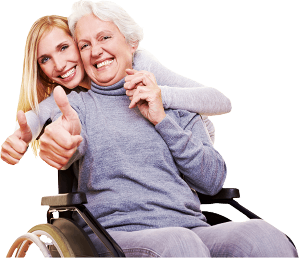 Elderly woman and adult daughter share a joyful, affectionate moment in a sunny garden.